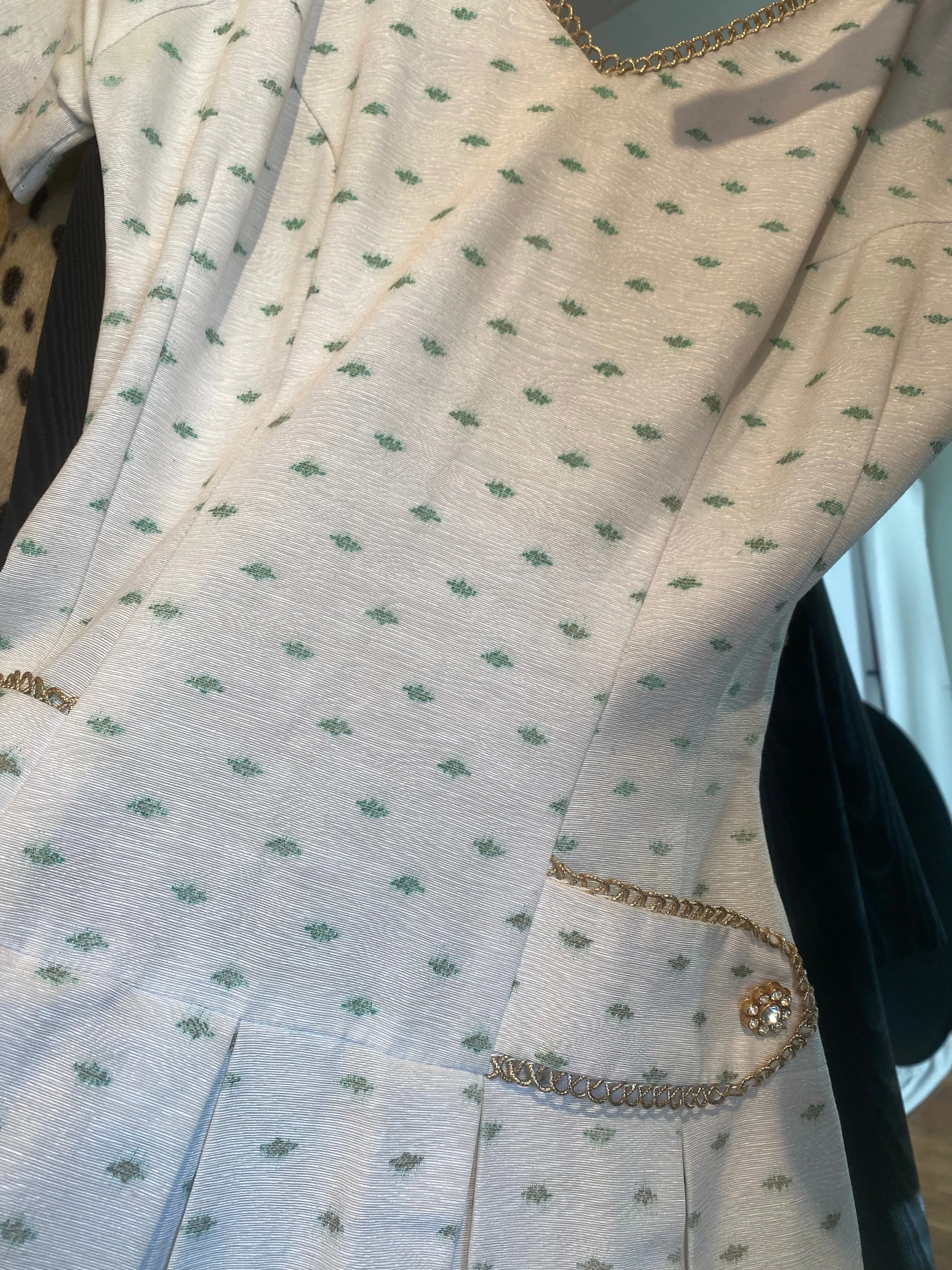 Darling 1950's Ivory Faille Party Dress With Green Trees / Small