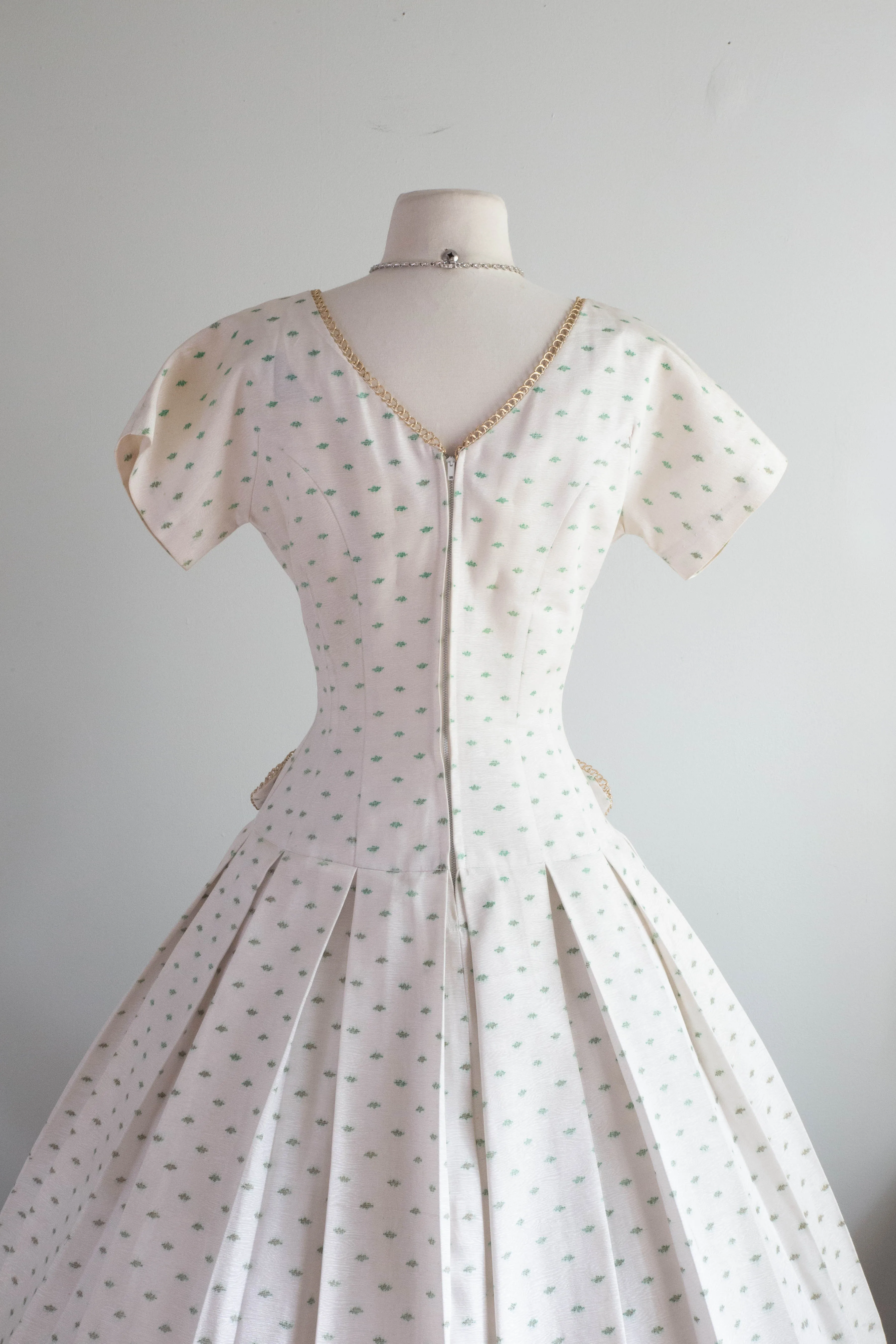 Darling 1950's Ivory Faille Party Dress With Green Trees / Small