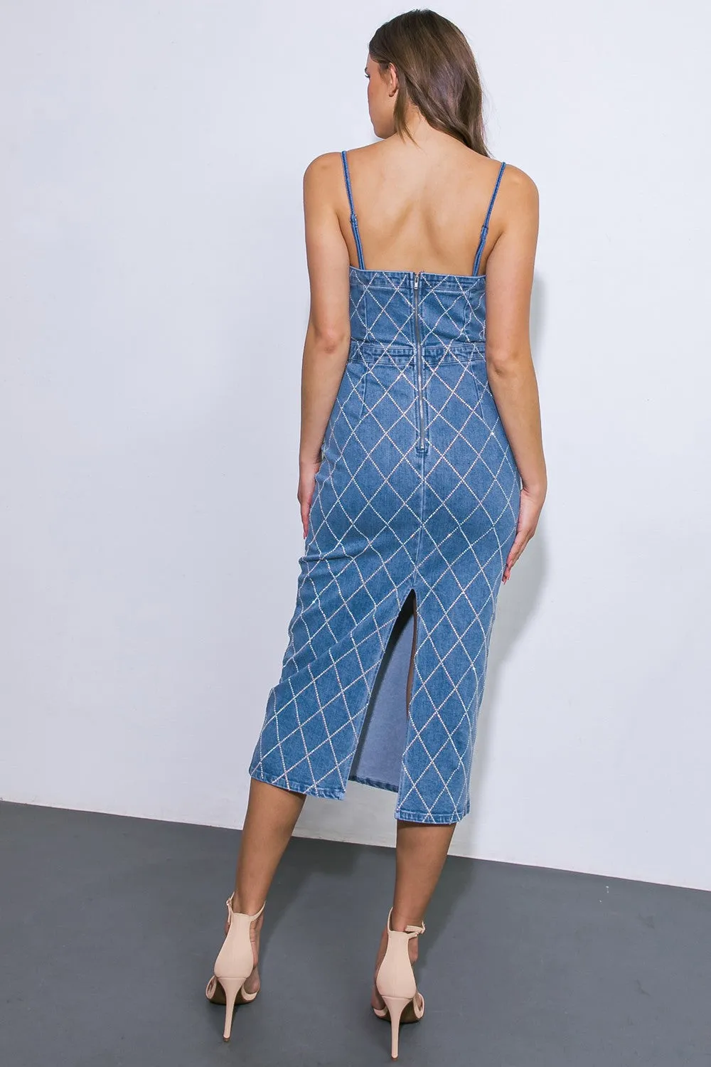 DENIM MIDI DRESS WITH BACK SLIT ADJUSTABLE STRAPS AND DIAMOND RHINESTONE PATTERN
