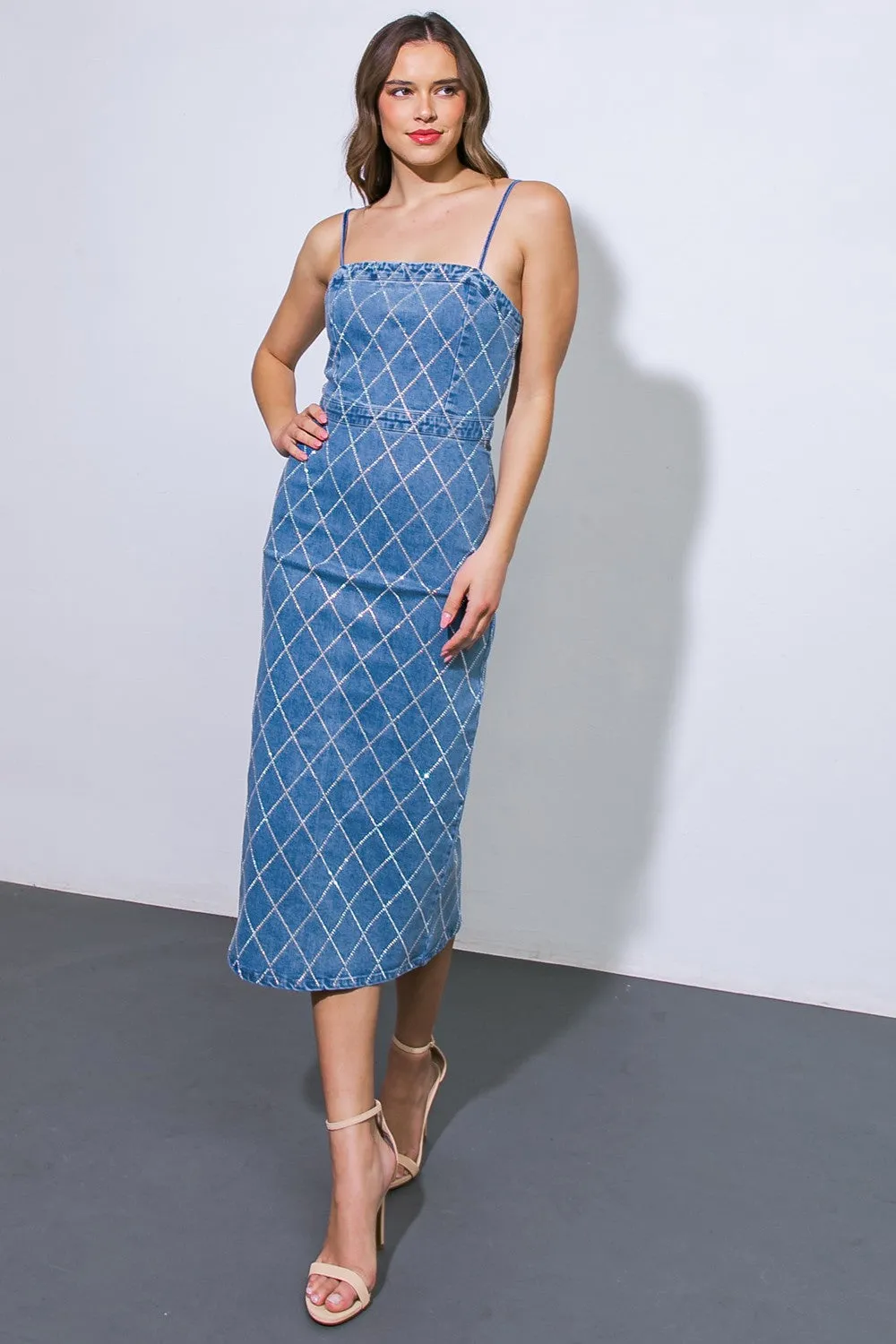 DENIM MIDI DRESS WITH BACK SLIT ADJUSTABLE STRAPS AND DIAMOND RHINESTONE PATTERN