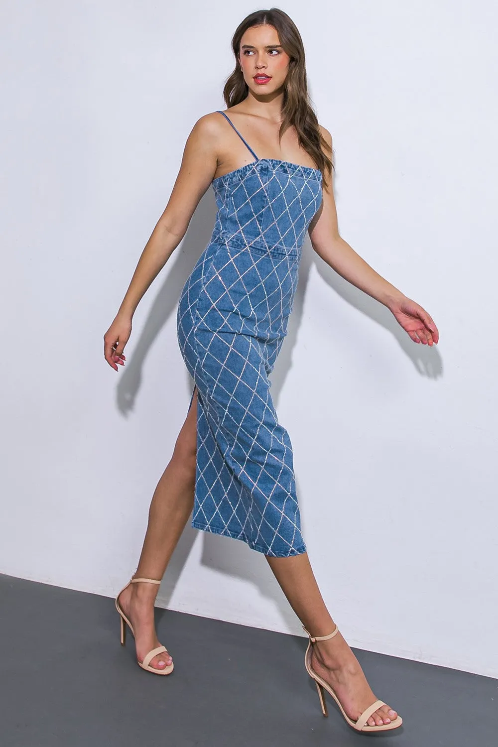 DENIM MIDI DRESS WITH BACK SLIT ADJUSTABLE STRAPS AND DIAMOND RHINESTONE PATTERN