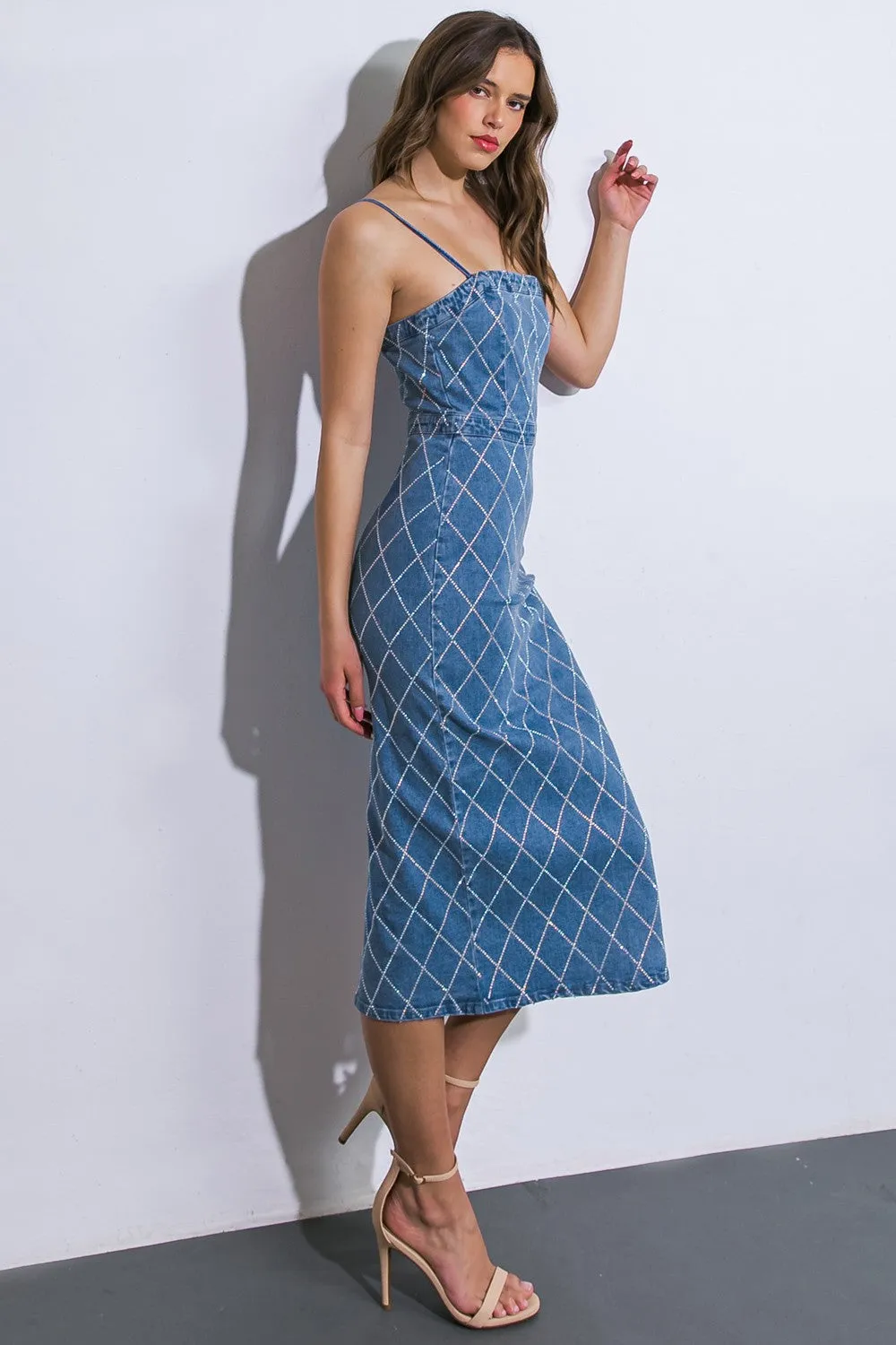 DENIM MIDI DRESS WITH BACK SLIT ADJUSTABLE STRAPS AND DIAMOND RHINESTONE PATTERN