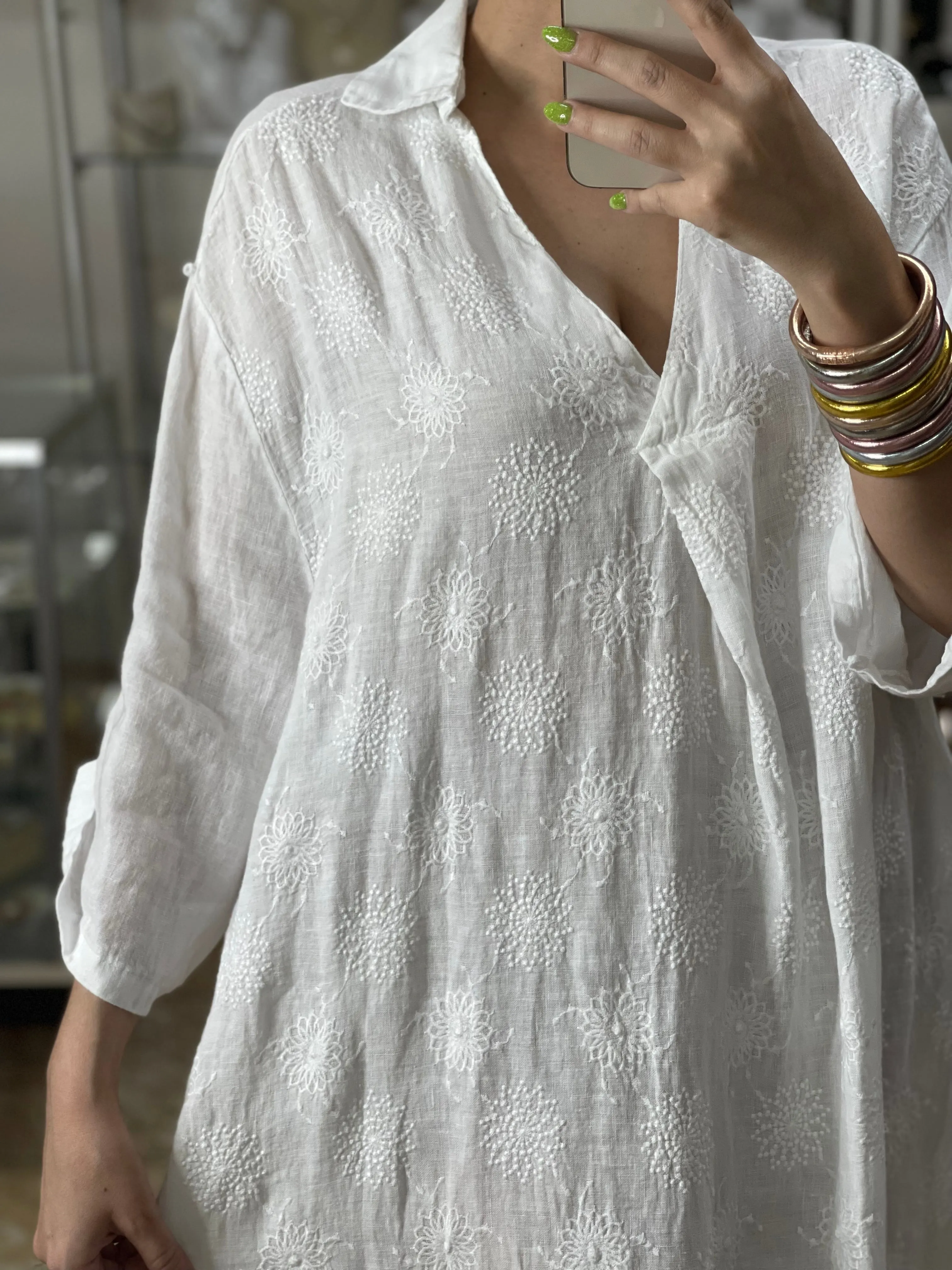Embroidered Linen OS Midi Dress