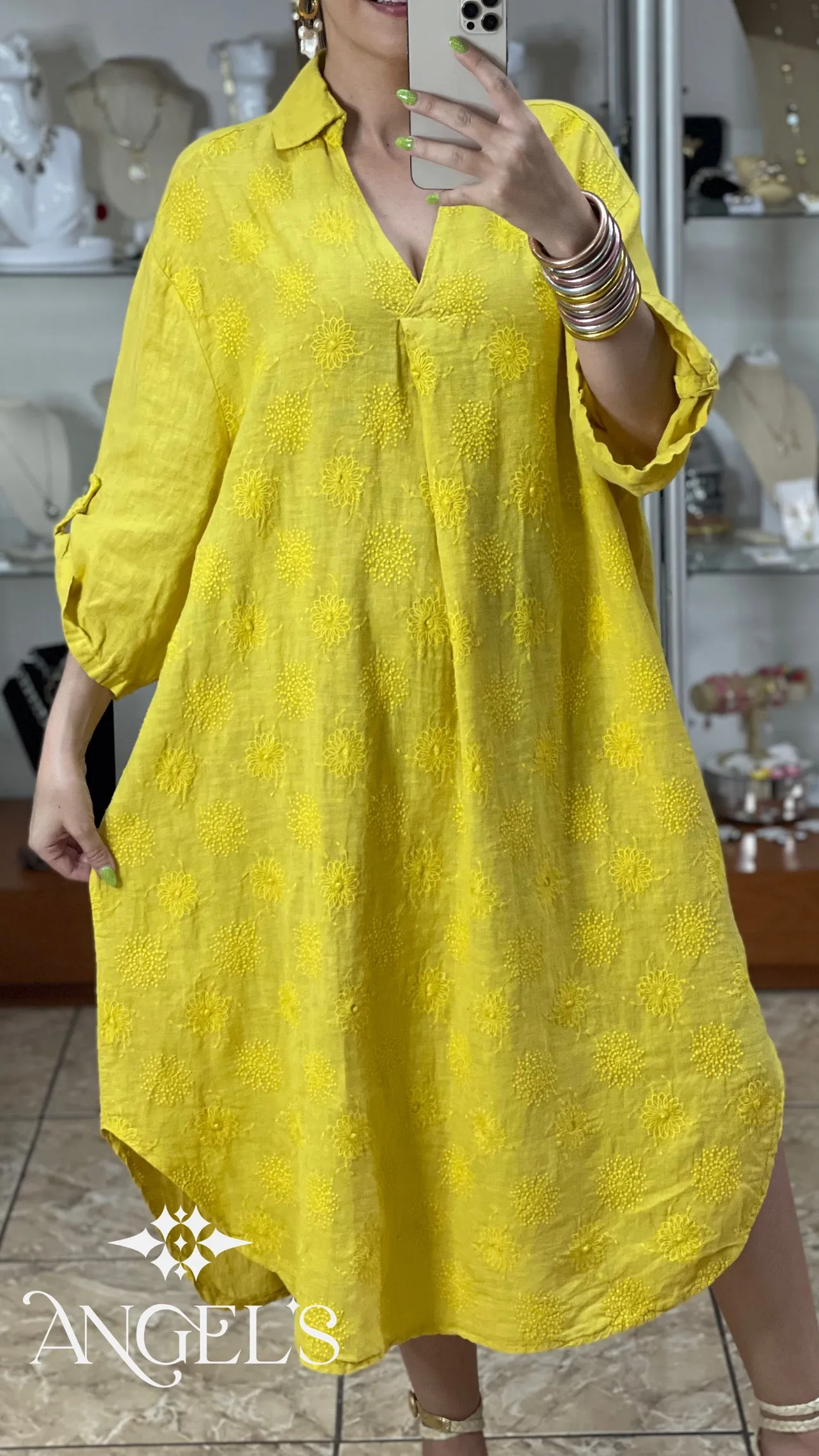 Embroidered Linen OS Midi Dress