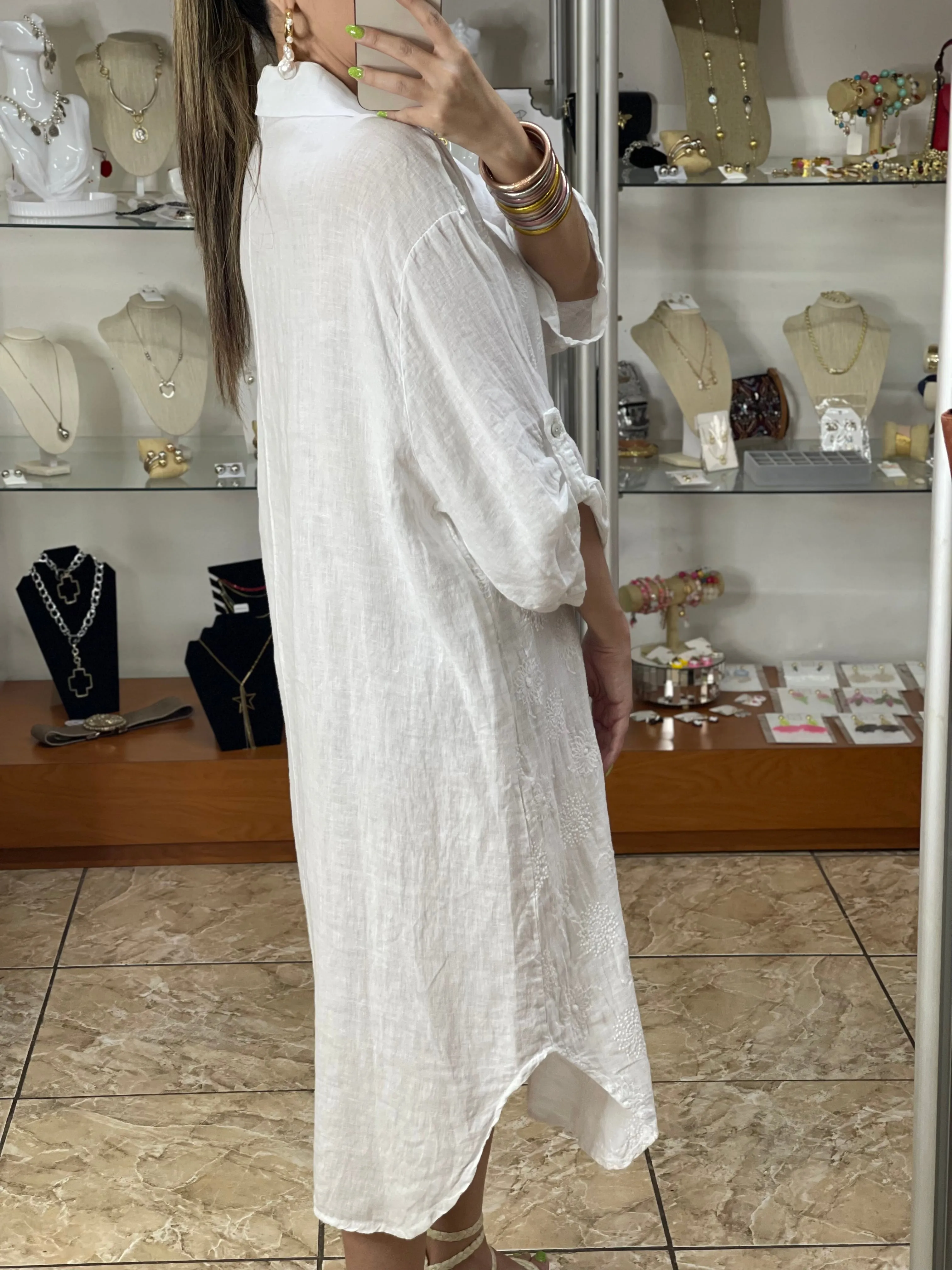 Embroidered Linen OS Midi Dress