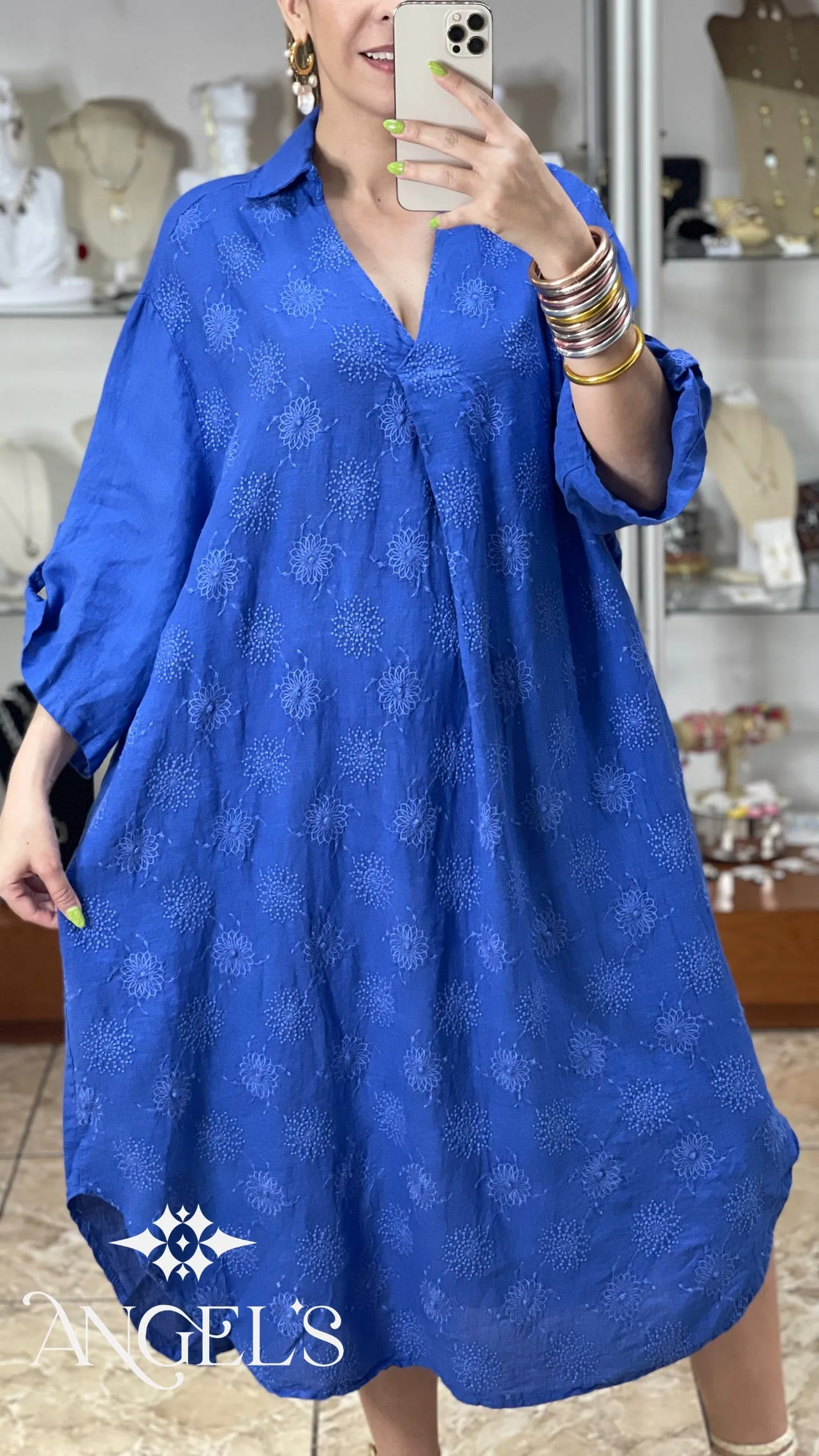Embroidered Linen OS Midi Dress