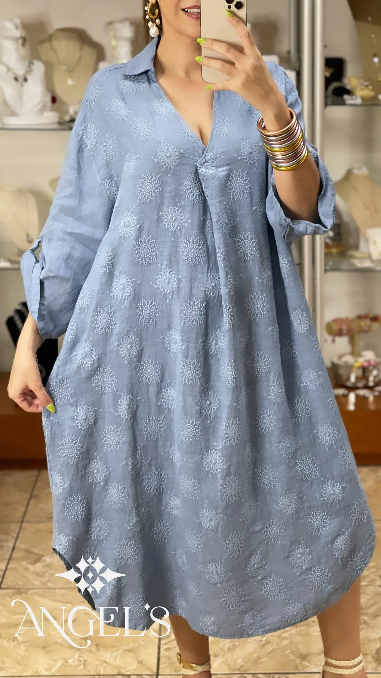 Embroidered Linen OS Midi Dress