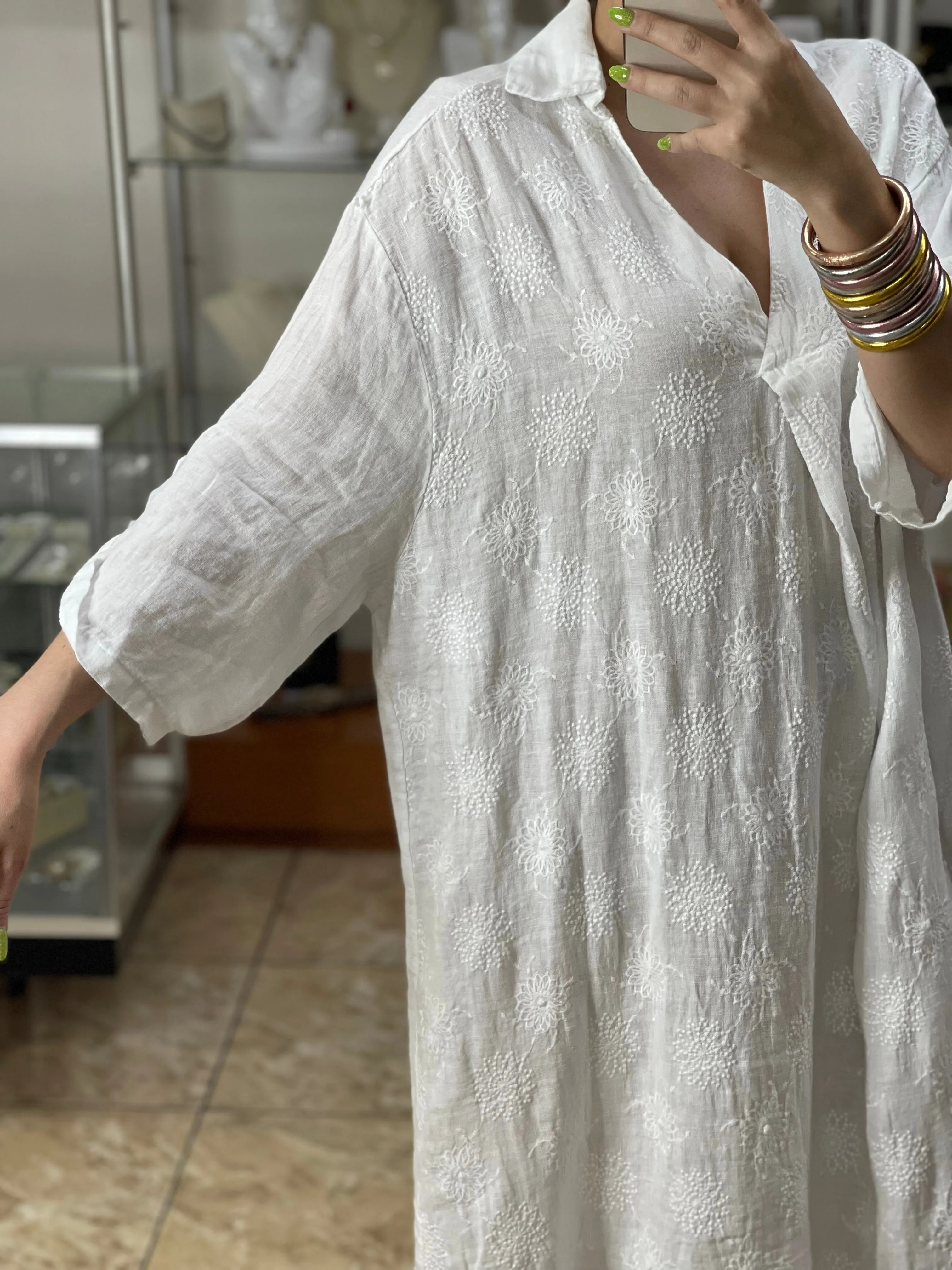 Embroidered Linen OS Midi Dress
