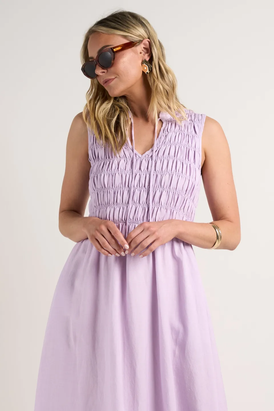 Explorer Lilac Sleeveless Split Neck Shirred Midi Dress