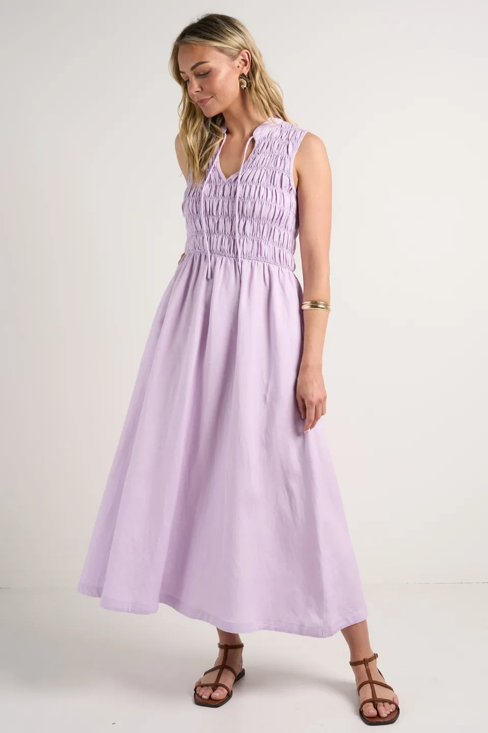 Explorer Lilac Sleeveless Split Neck Shirred Midi Dress