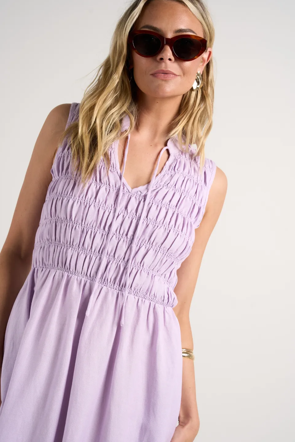 Explorer Lilac Sleeveless Split Neck Shirred Midi Dress