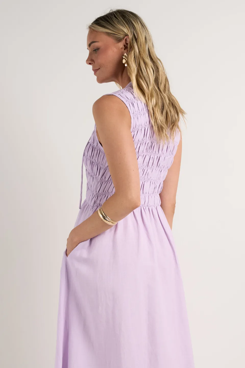 Explorer Lilac Sleeveless Split Neck Shirred Midi Dress
