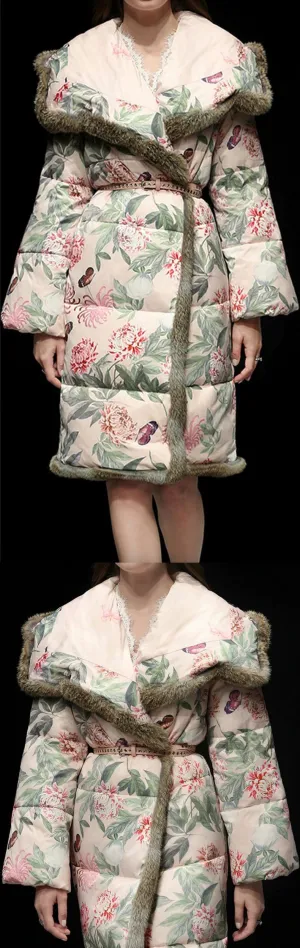 Floral-Print Fur-Trim Down Coat