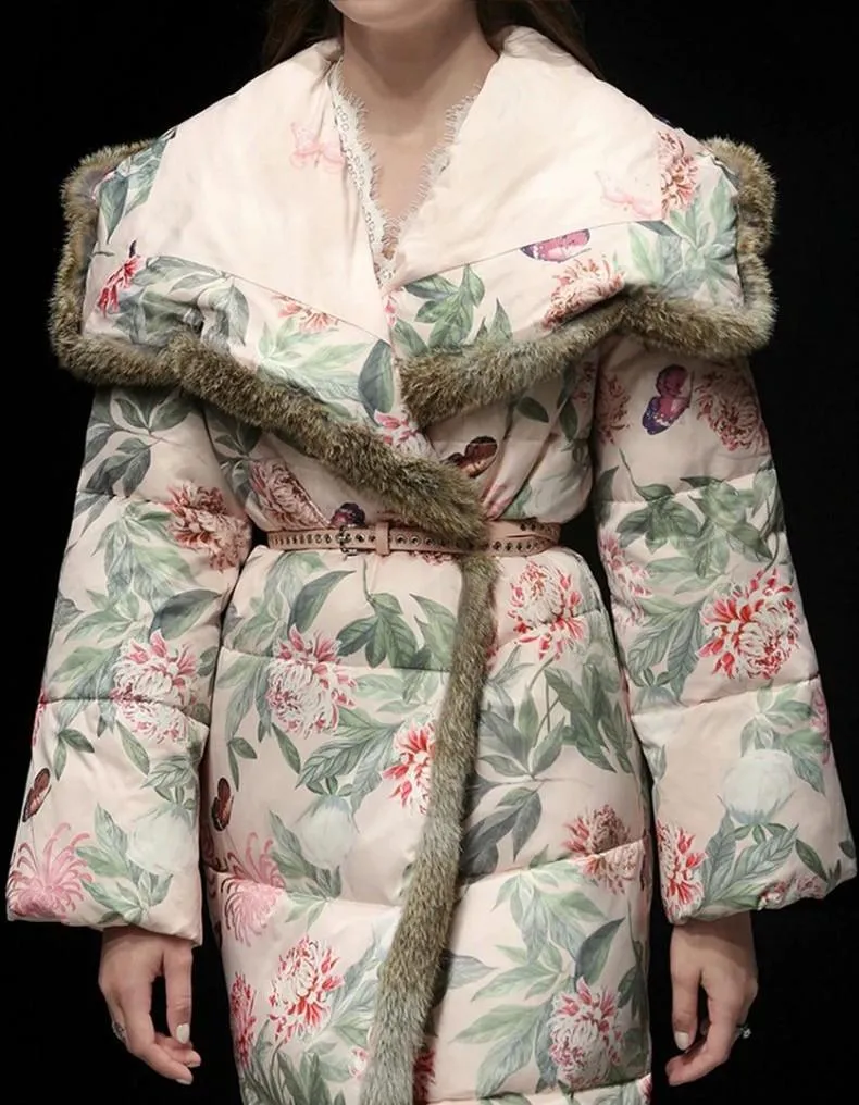 Floral-Print Fur-Trim Down Coat