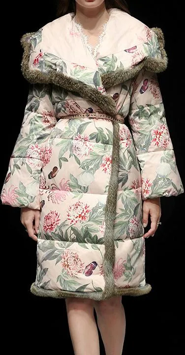 Floral-Print Fur-Trim Down Coat
