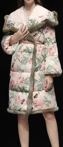 Floral-Print Fur-Trim Down Coat