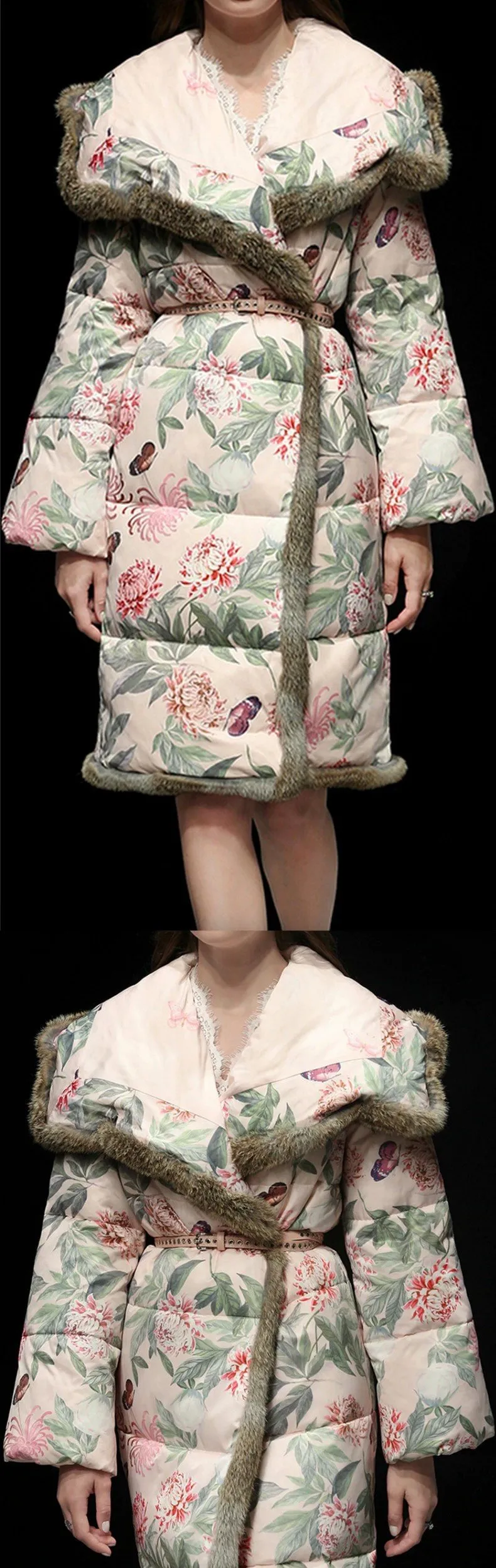 Floral-Print Fur-Trim Down Coat
