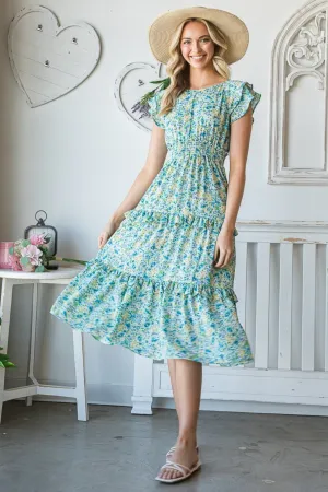 Floral Ruffle Trim Tiered Midi Dress