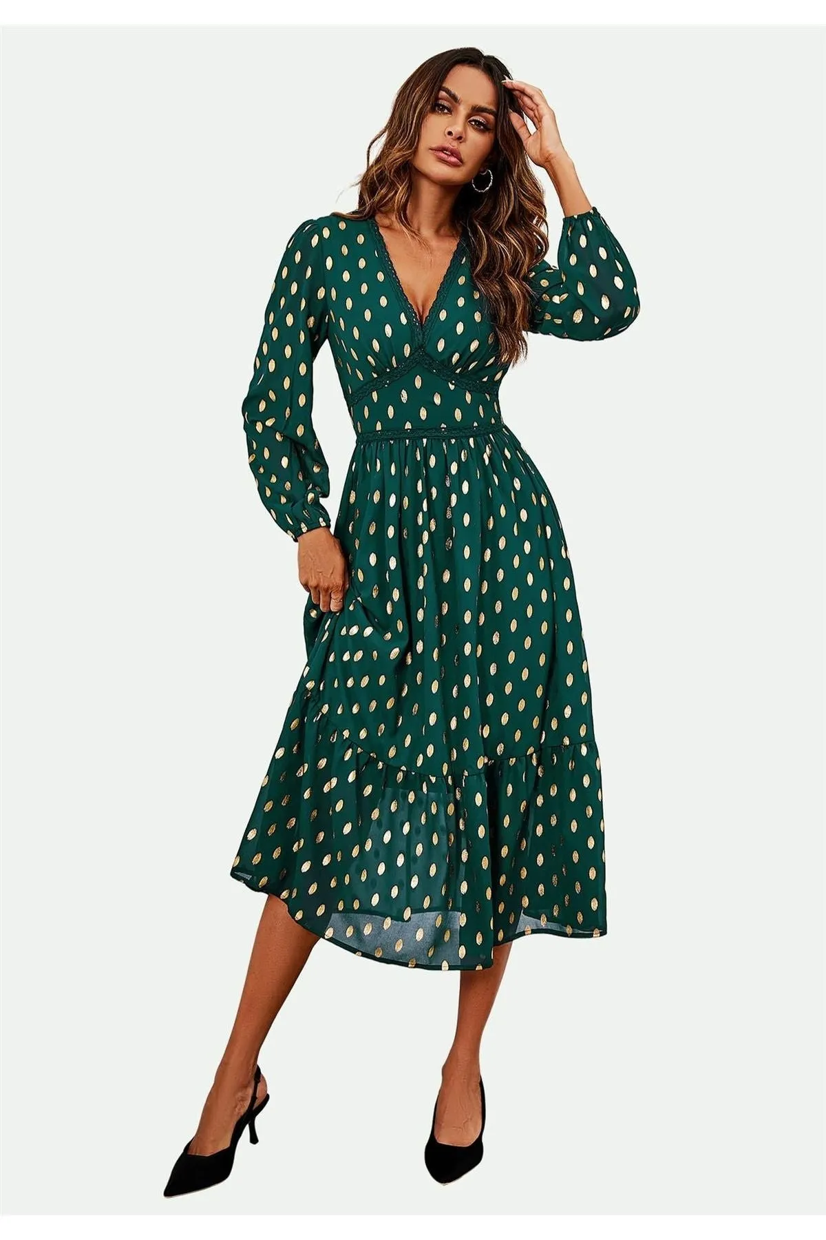 FS Collection Lace Trim Foil Long Sleeve Maxi Dress In Green