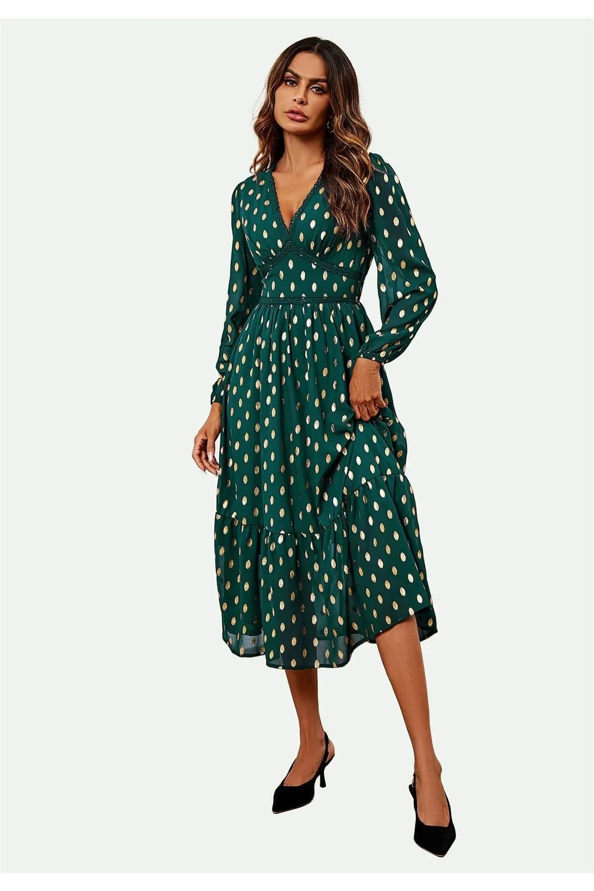 FS Collection Lace Trim Foil Long Sleeve Maxi Dress In Green
