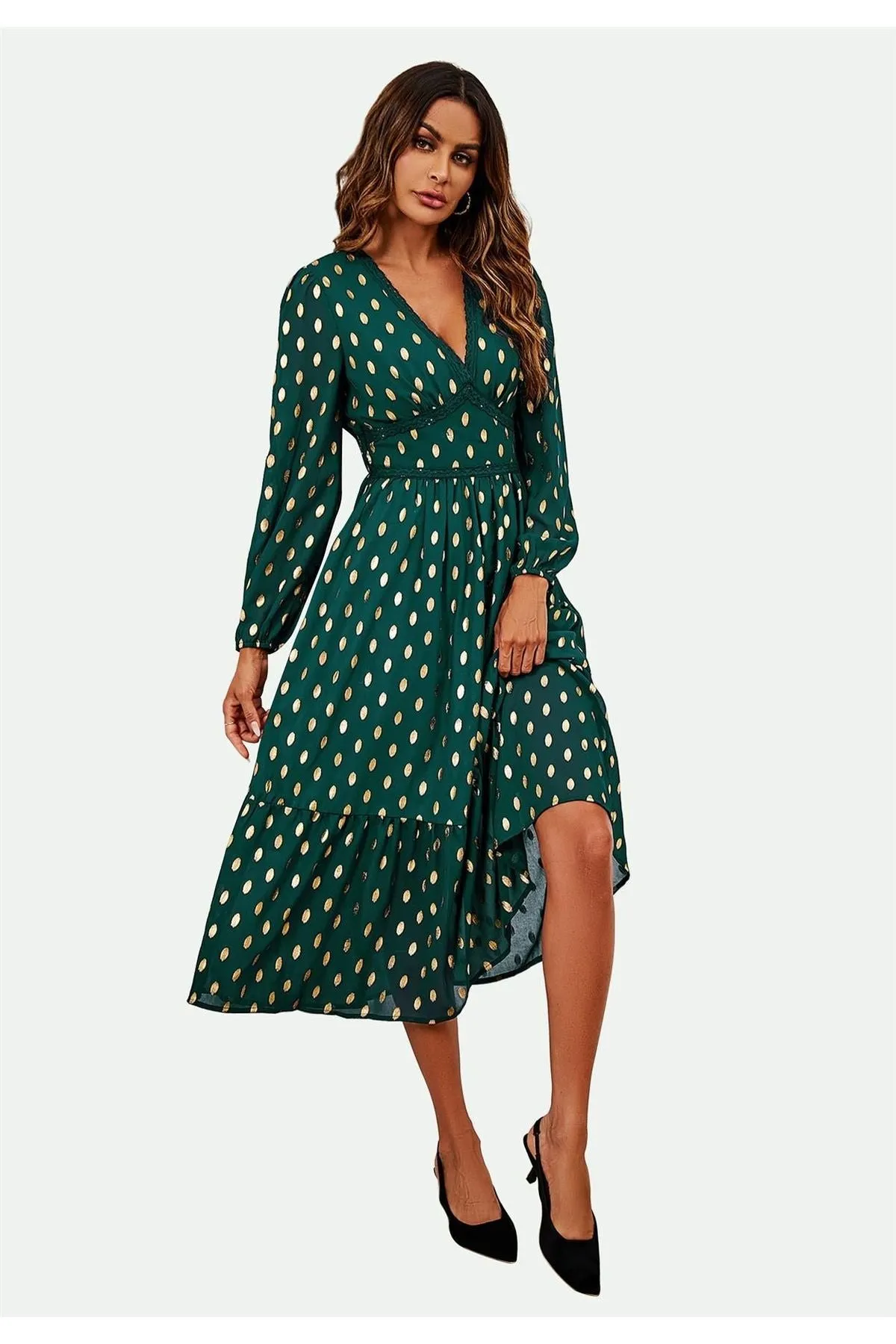 FS Collection Lace Trim Foil Long Sleeve Maxi Dress In Green