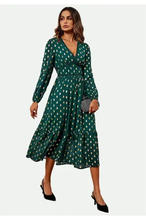 FS Collection Lace Trim Foil Long Sleeve Maxi Dress In Green