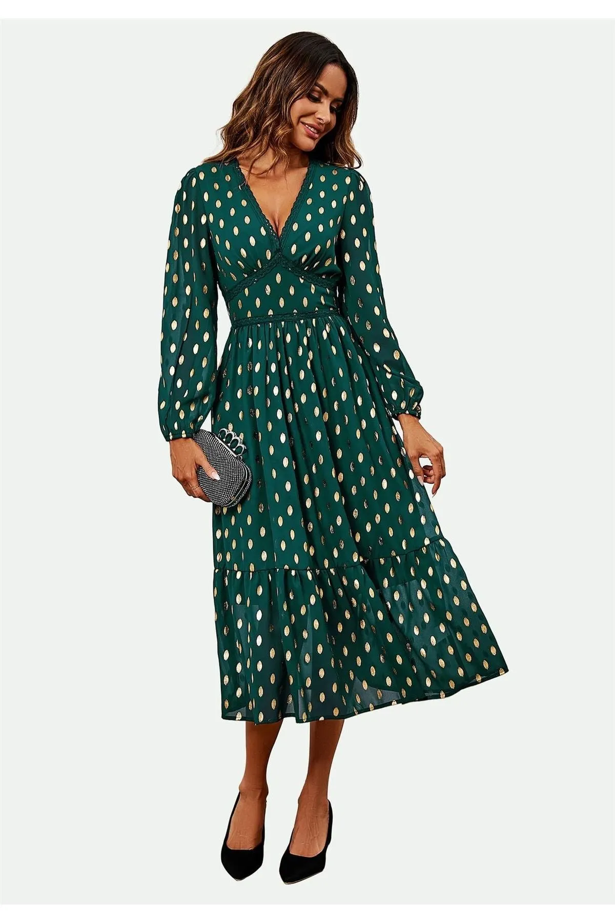 FS Collection Lace Trim Foil Long Sleeve Maxi Dress In Green