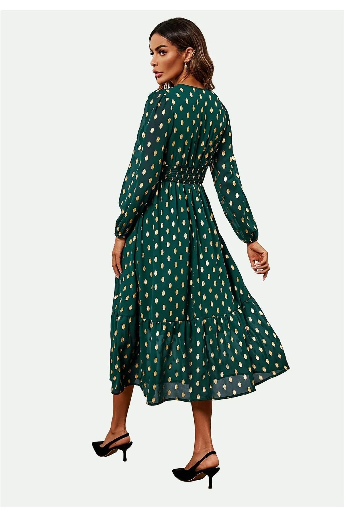 FS Collection Lace Trim Foil Long Sleeve Maxi Dress In Green
