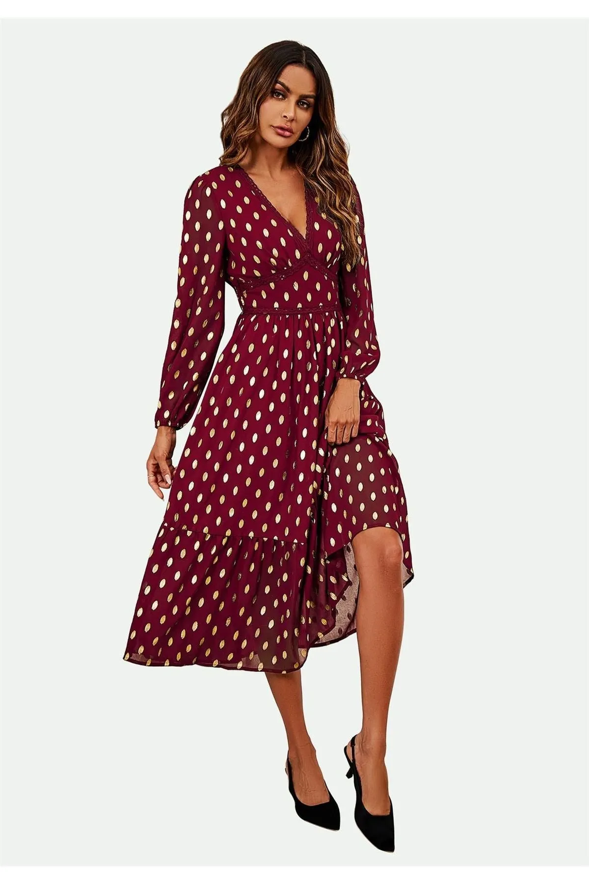 FS Collection Lace Trim Foil Long Sleeve Maxi Dress In Wine
