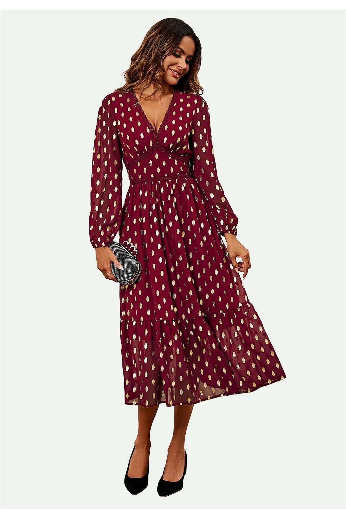 FS Collection Lace Trim Foil Long Sleeve Maxi Dress In Wine