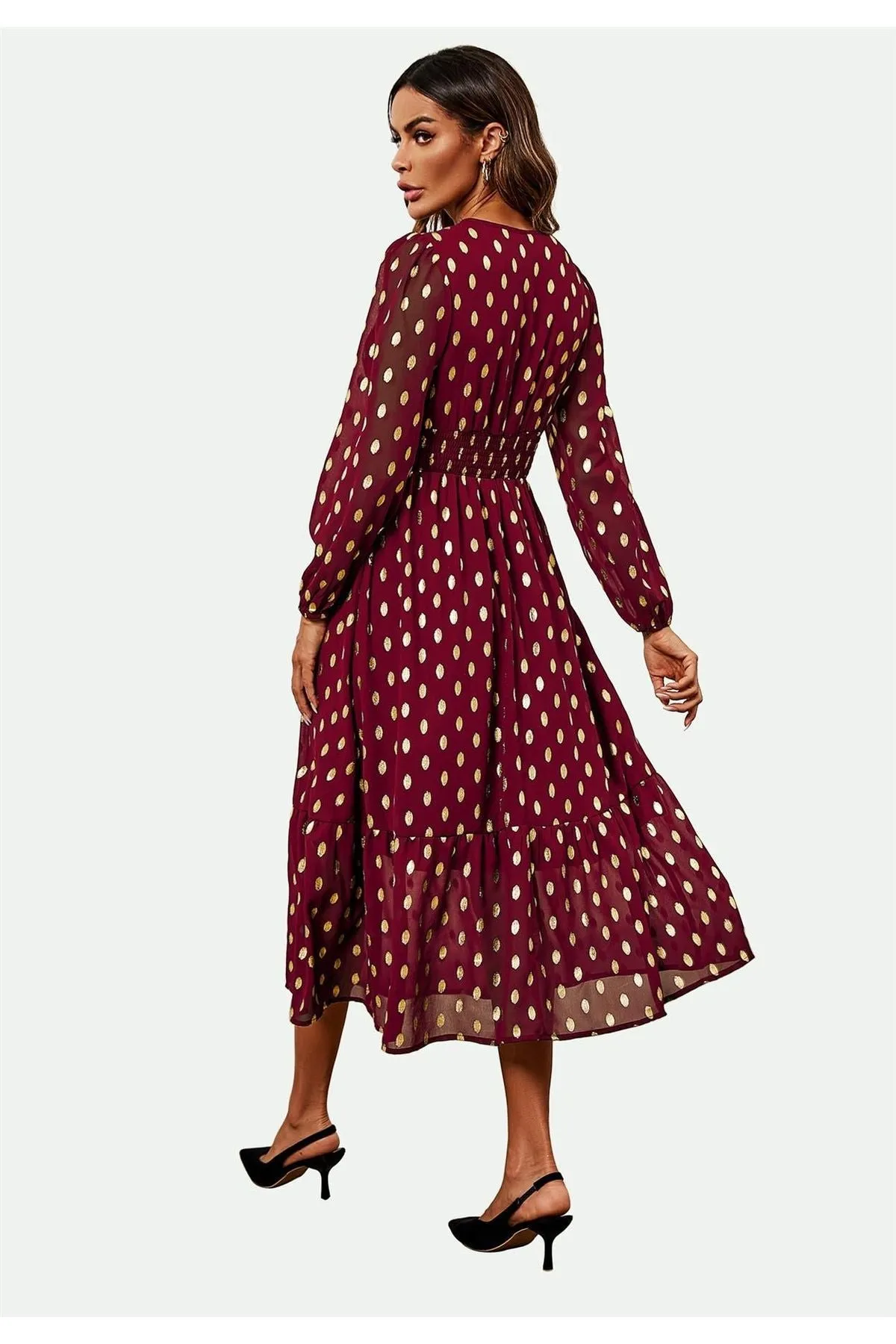 FS Collection Lace Trim Foil Long Sleeve Maxi Dress In Wine