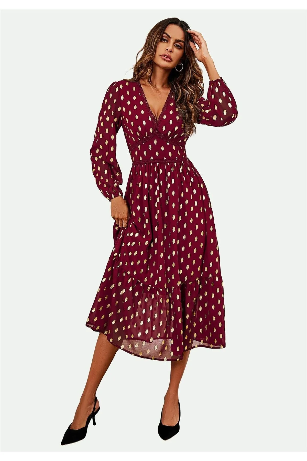 FS Collection Lace Trim Foil Long Sleeve Maxi Dress In Wine