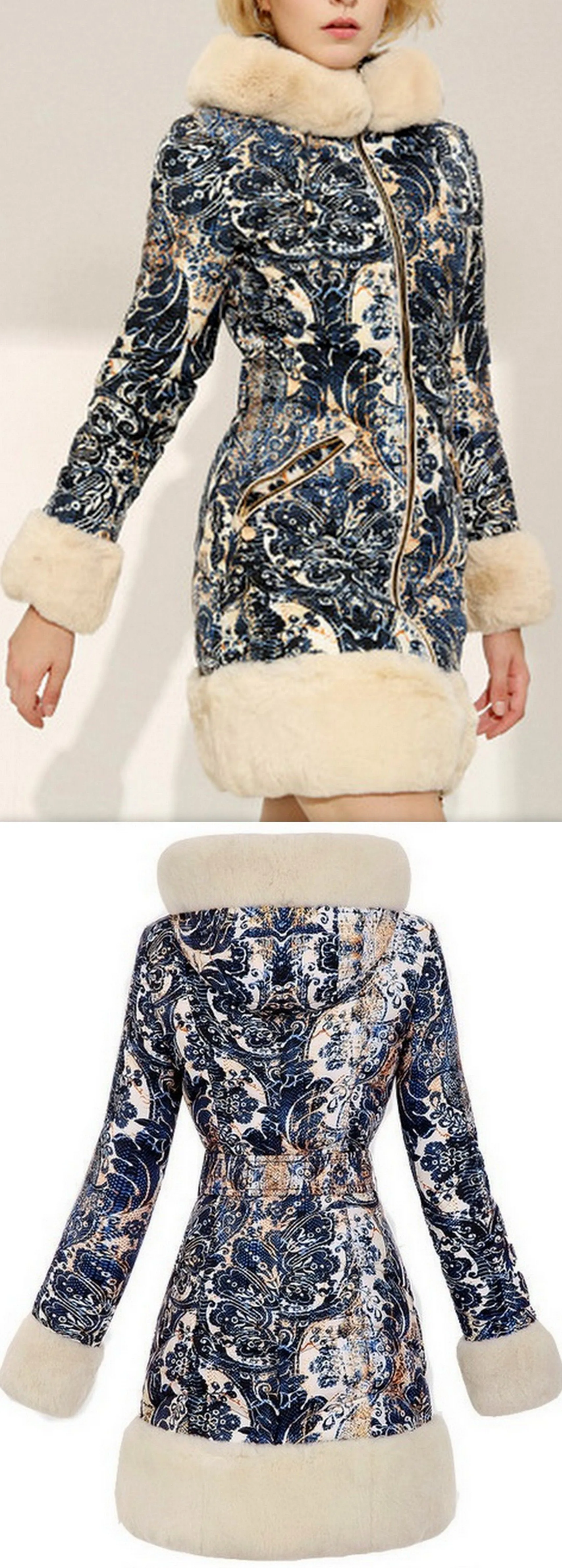 Fur-Trim Paisley Puffer Coat