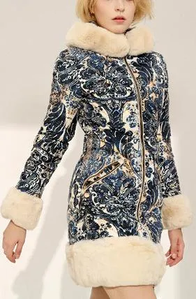 Fur-Trim Paisley Puffer Coat