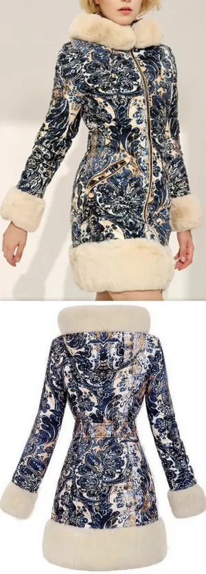 Fur-Trim Paisley Puffer Coat