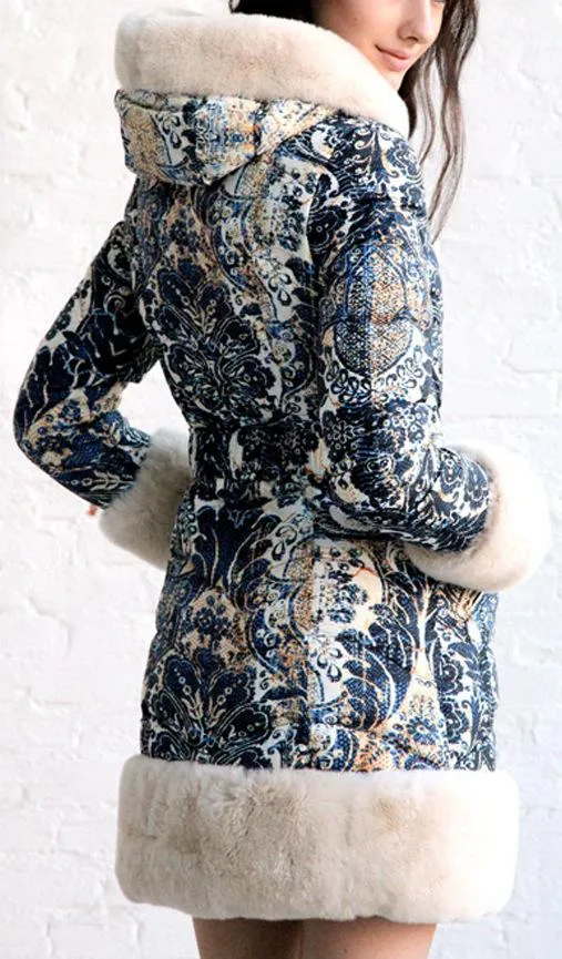 Fur-Trim Paisley Puffer Coat