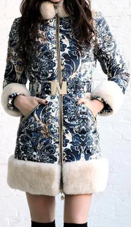 Fur-Trim Paisley Puffer Coat