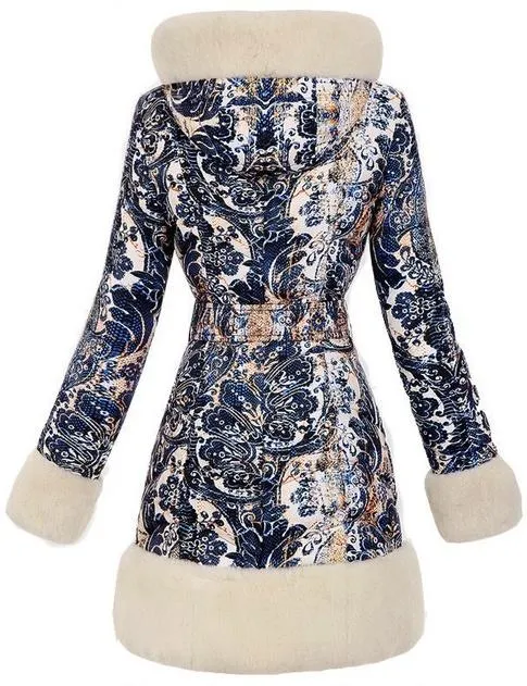 Fur-Trim Paisley Puffer Coat