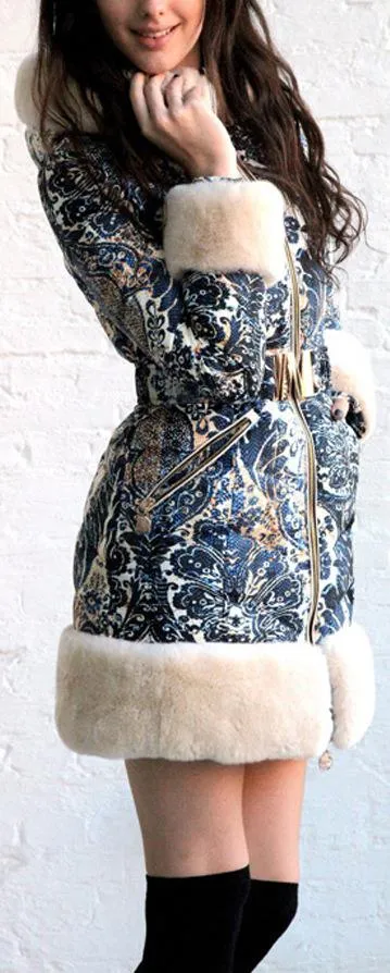 Fur-Trim Paisley Puffer Coat