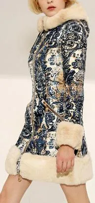 Fur-Trim Paisley Puffer Coat