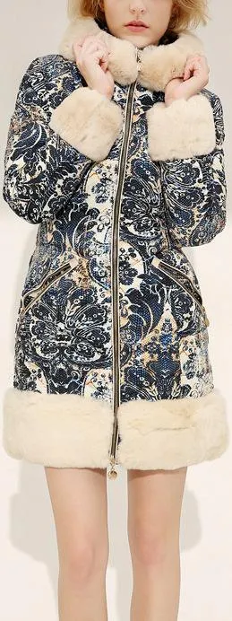 Fur-Trim Paisley Puffer Coat