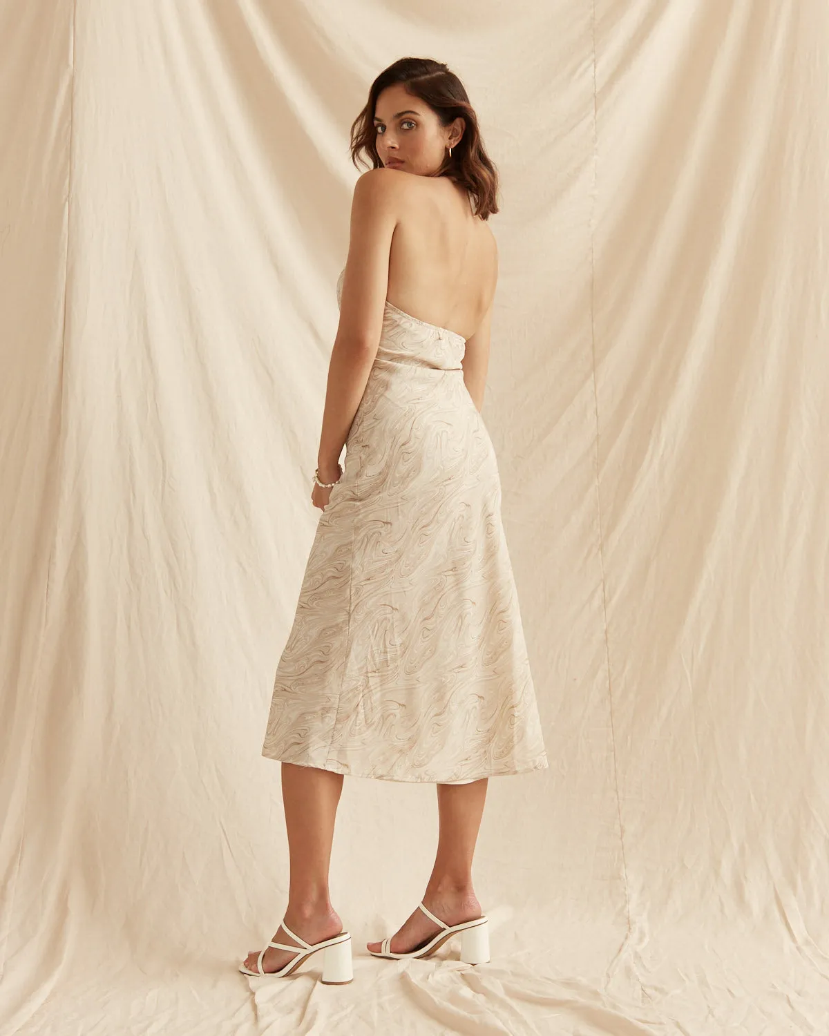 Giada Beige Cutout Halter Keyhole Midi Dress