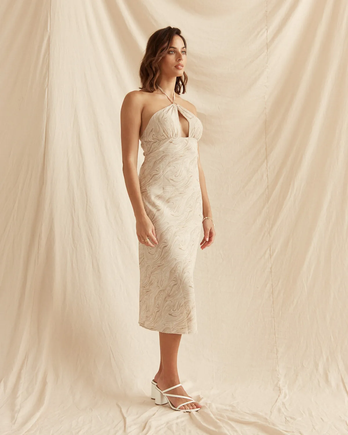 Giada Beige Cutout Halter Keyhole Midi Dress