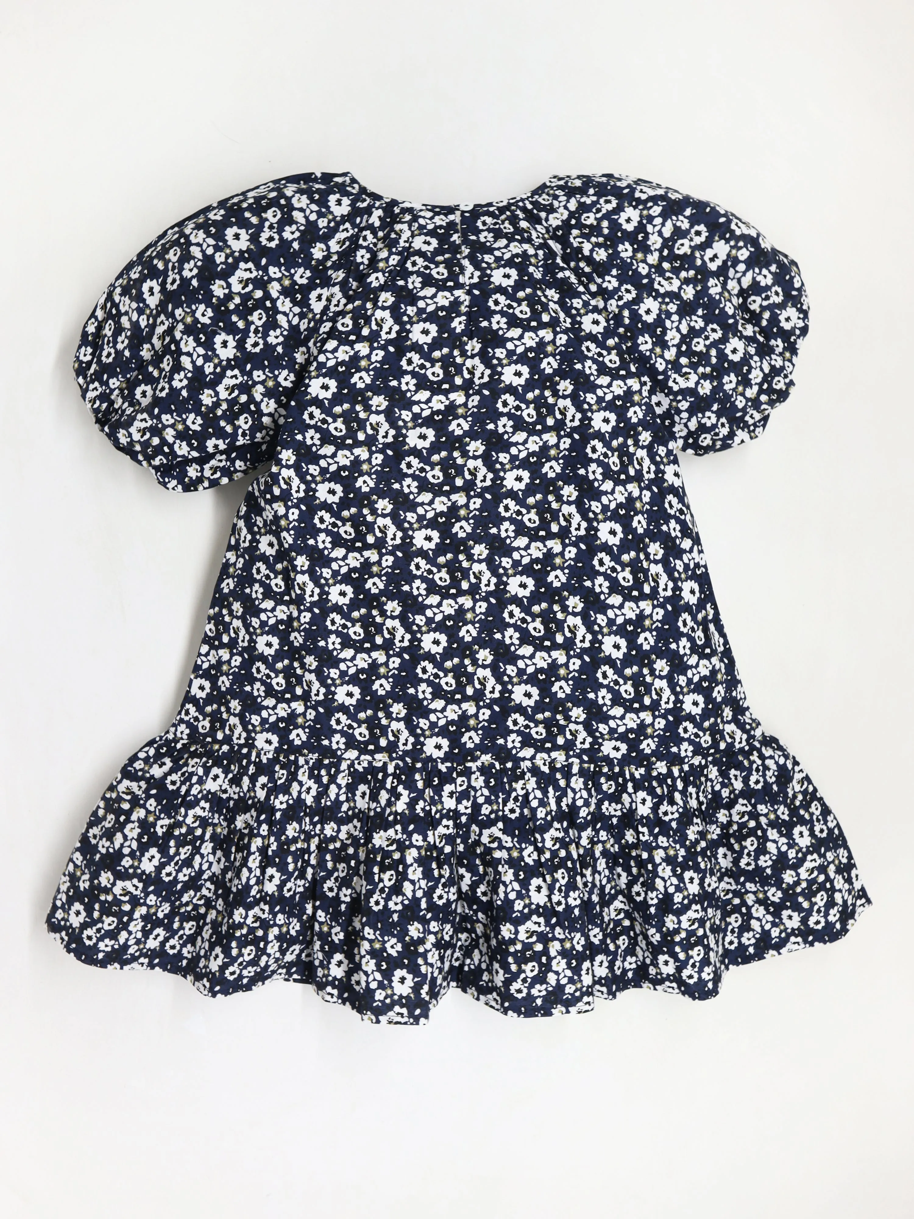 Girls Navy Blue & White Round Neck Cotton Dress