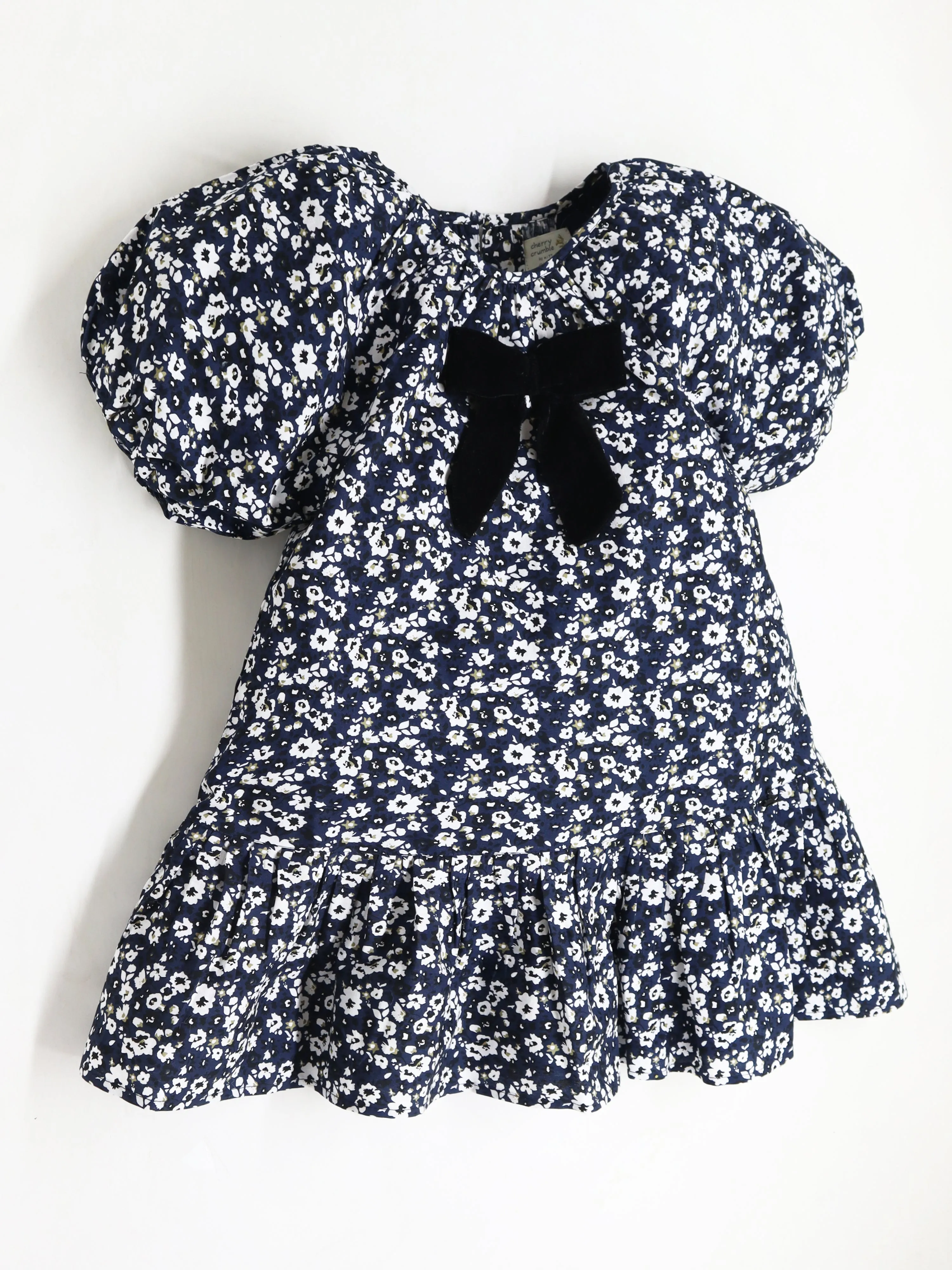 Girls Navy Blue & White Round Neck Cotton Dress