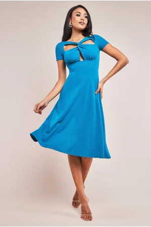 Goddiva Scuba Crepe Twist Cutout Midi Dress - Teal Blue
