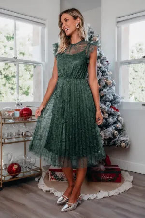 Green Floral Lace Pleated Midi Dress