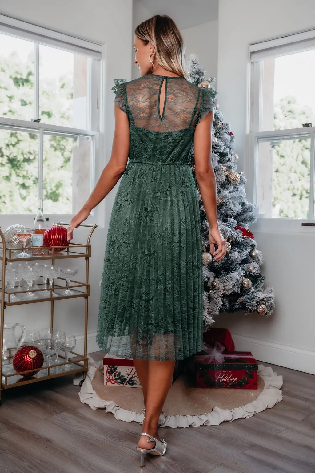 Green Floral Lace Pleated Midi Dress
