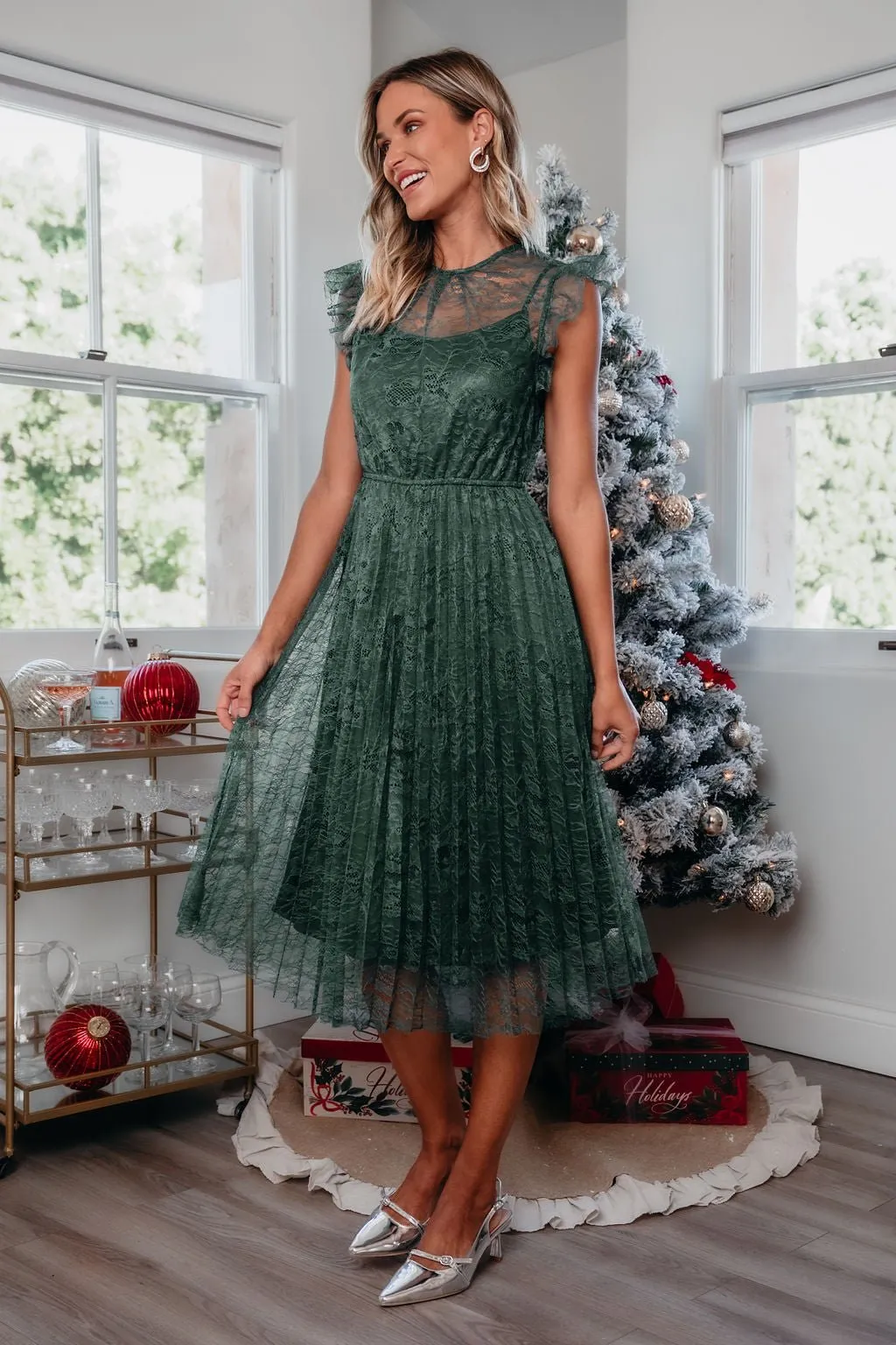 Green Floral Lace Pleated Midi Dress