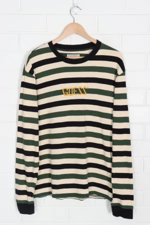 GUESS Embroidered Green Black & Beige Striped Long Sleeve T-Shirt (L-XL)